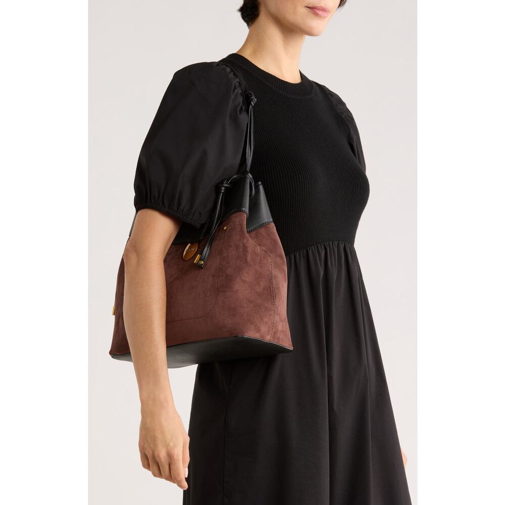 STEVE MADDEN OPAL Mixed Media Leather Suede Hobo Shoulder Bag Brown Black Casual